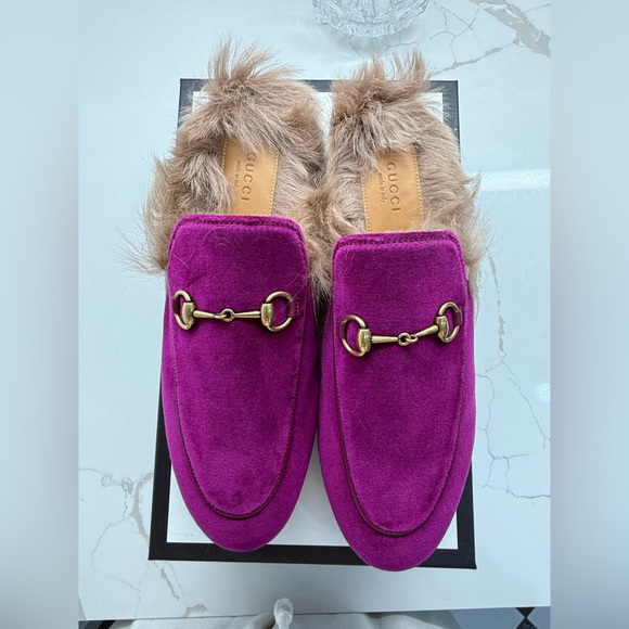 Gucci Velvet Princetown Slippers w. Fur - Picture 1 of 8